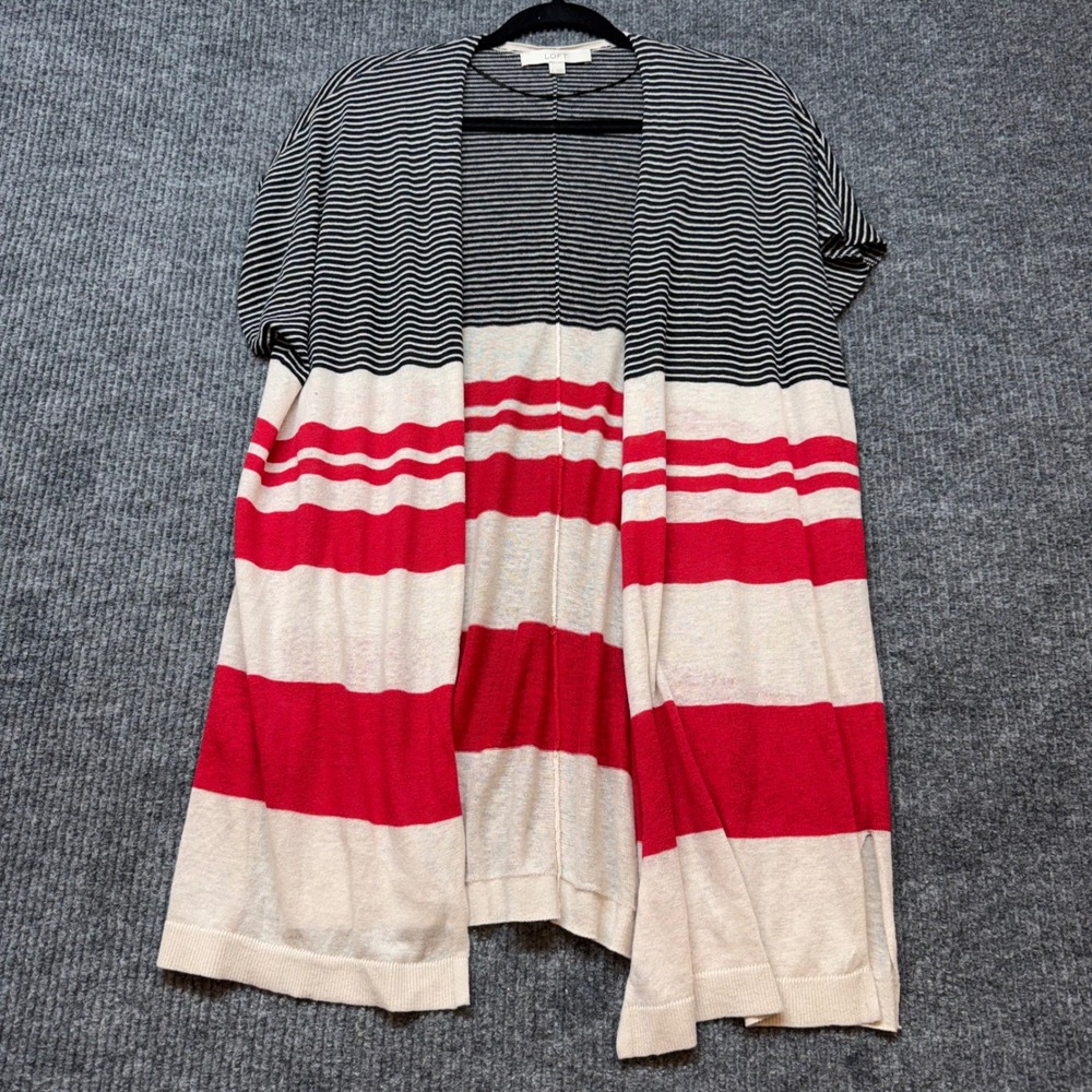 LOFT Striped Linen Blend Cardigan Small Black Red Cream Sweater Open Front